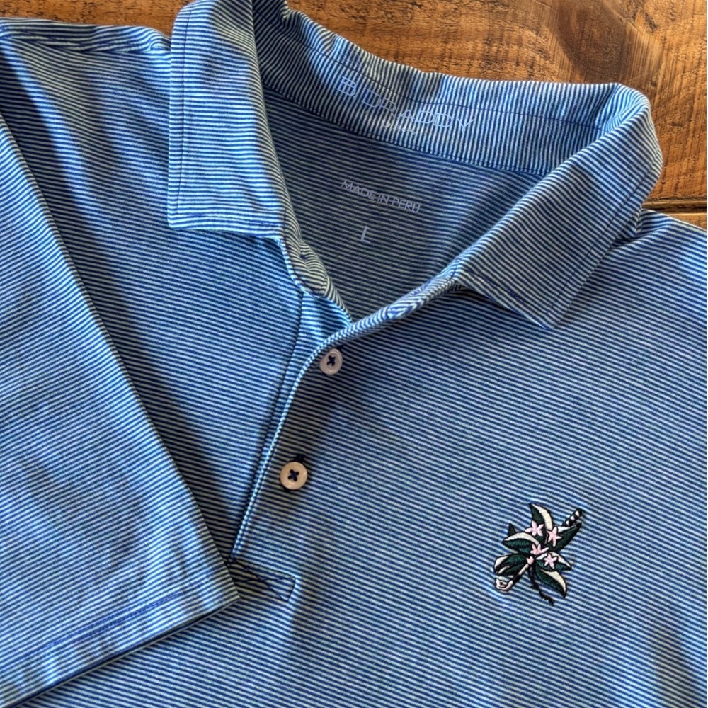 B. Draddy Mens Blue White Striped Short Sleeve Golf Polo Club Logo Size Large